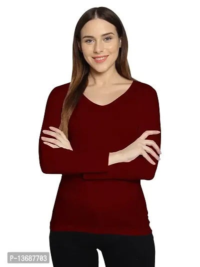 Fasska Women's Plain Full Sleeve V-Neck T-Shirt Basic Casual Regular Cotton Tops (Small, Maroon)