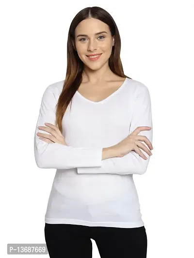 Fasska Women's Plain Full Sleeve V-Neck T-Shirt Basic Casual Regular Cotton Tops (Large, White)