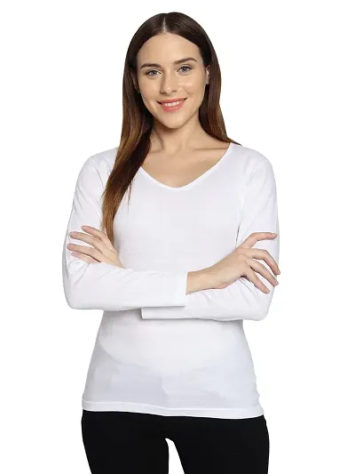 Fasska Women's Plain Full Sleeve V-Neck T-Shirt Basic Casual Regular Cotton Tops