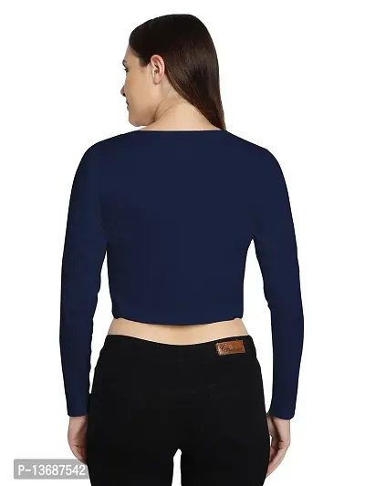 Fasska Women's Full Sleeve Scoop Neck Solid Hipcut Tees Crop Tops (Dark Blue, X-Large)-thumb2