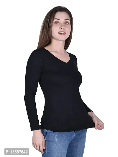 Fasska Women's Plain Full Sleeve V-Neck T-Shirt Basic Casual Regular Cotton Tops (Medium, Black)-thumb4