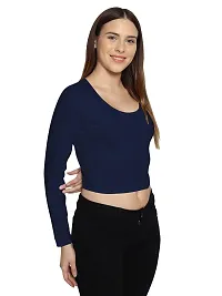 Fasska Women's Full Sleeve Scoop Neck Solid Hipcut Tees Crop Tops (Dark Blue, X-Large)-thumb3