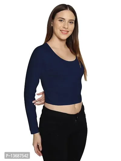 Fasska Women's Full Sleeve Scoop Neck Solid Hipcut Tees Crop Tops (Dark Blue, X-Large)-thumb4