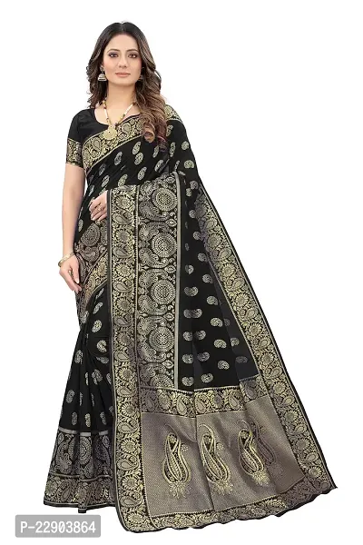 Roshni Fash Women's Kanjeevaram Silk Saree With Blouse Piece (BLACK)-thumb0