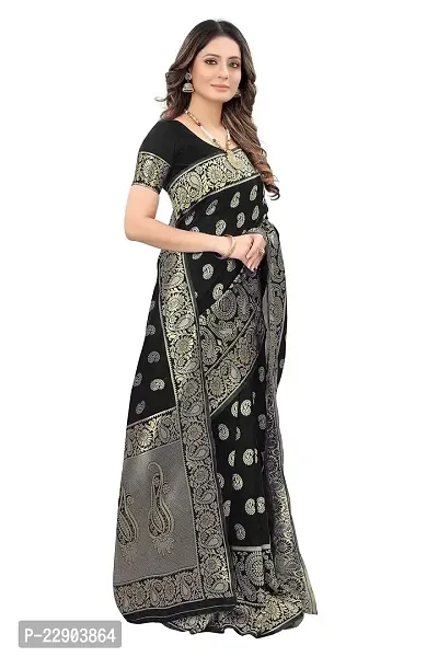 Roshni Fash Women's Kanjeevaram Silk Saree With Blouse Piece (BLACK)-thumb3