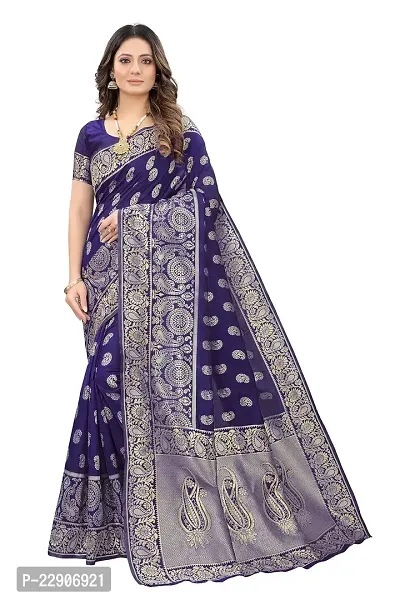 Roshni Fash Women's Kanjeevaram Silk Saree With Blouse Piece (NAVY BLU)