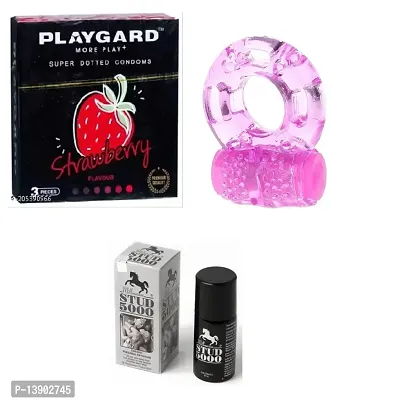 1 PCS STUD + VIBRATING RING + 3 PCS STRAWBERRY  CONDOM [COMBO]