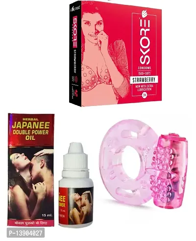 15 ML DOUBLE POWER  JAPANEE OIL + 3 PCS SKORE STRAWBERRY PLAVOUR  CONDOM  + 1 PCS VIBRATING RING{COMBO}