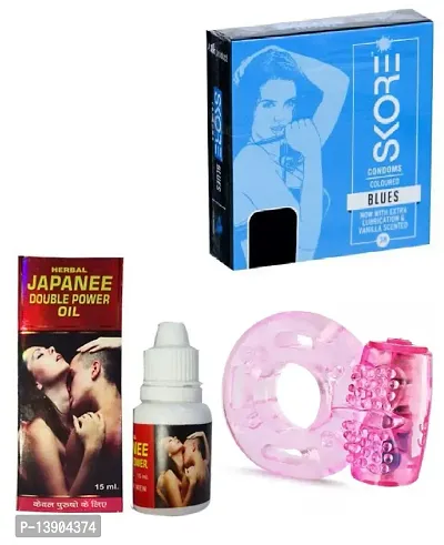 VIBRATING RING +15 ML DOUBLE POWER  JAPANEE OIL + 3 PCS SKORE  BLUES   CONDOM