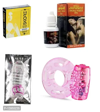 vibrating ring + 15 ml japanee oil + crystsl condom + 3 pcs skore banana flavour condom {combo}