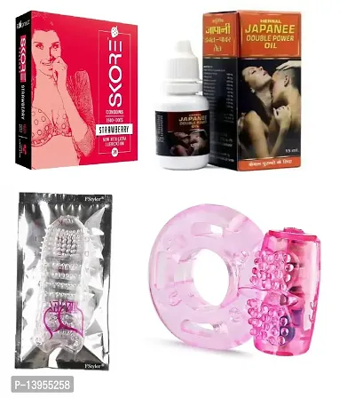 vibrating ring + 15 ml japanee oil + crystsl condom + 3 pcs skore strawberry  flavour condom {combo}