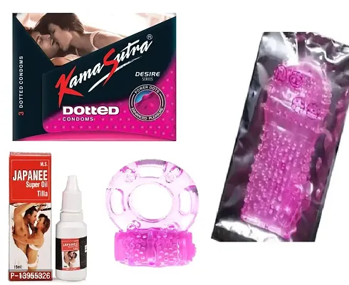 15 ml japanee oil + 3 pcs kamasutra dotted condom + 1 pcs crystal condom + 1 pcs vibrating ring