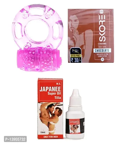 1 pcs vibrating ring and 3 pcs skore chocolate flavour condom + 15 ml japanee oil