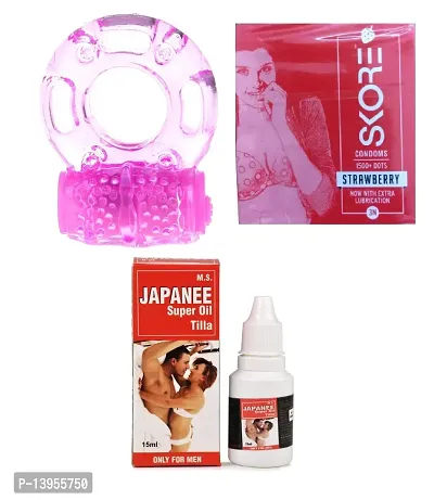 1 pcs vibrating ring and 3 pcs skore strawberry flavour condom + 15 ml japanee oil