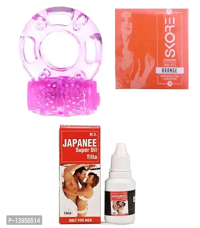 1 pcs vibrating ring and 3 pcs skore orenge condom + 15 ml japanee oil