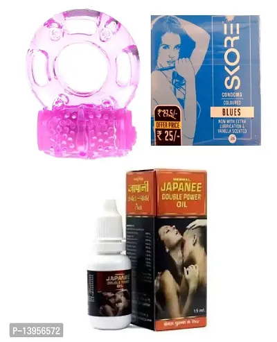 1 pcs vibrating ring and 3 pcs skore blues condom + 15 ml japanee double pawer oil