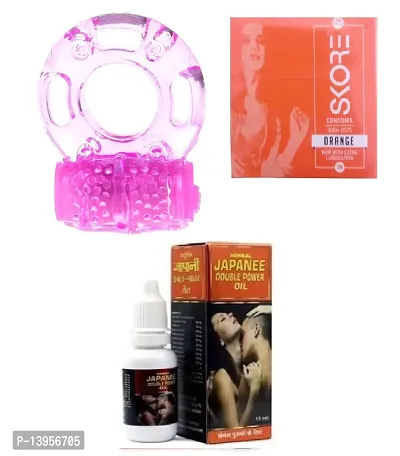 1 pcs vibrating ring and 3 pcs skore orenge flavour condom + 15 ml japanee double pawer oil