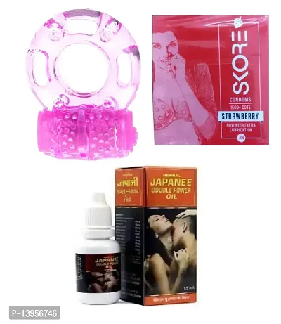 1 pcs vibrating ring + 3 pcs skore strawberry flavour condom + 15 ml japanee double pawer oil