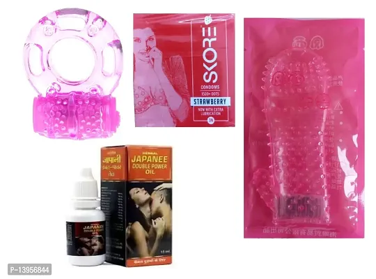 1 pcs vibrating ring  + 3 pcs skore strawberry condom + 15 ml japanee oil + 1 pcs crystal condom {combo}-thumb0