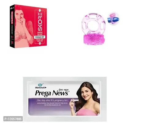 vibrating ring + prega news kit + 3 pcs skore strawberry flavour condom