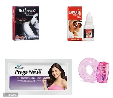 vibrating ring + prega news kit + 3 pcs manforce strawberry flavour condom  + 15 ml japanee oil