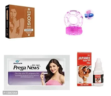 vibrating ring + prega news kit + 3 pcs manforce chocolate flavour condom + 15 ml japanee oil