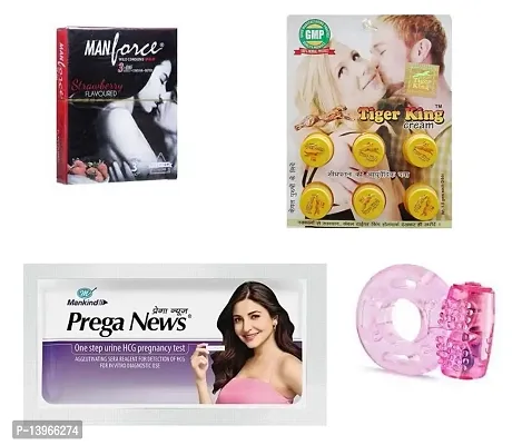 1 pcs vibrating ring + pregs news kit +3 pcs manforce strawberry flavour condom + tiger king cream