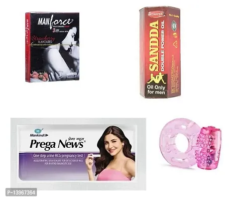 1 pcs vibrating ring + pregs news kit +3 pcs manforce strawberry flavour condom + 15 ml  sandda oil