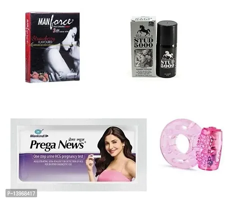 1 pcs stud  + 1 pcs vibrating ring + pregs news kit +3 pcs manforce strawberry flavour condom