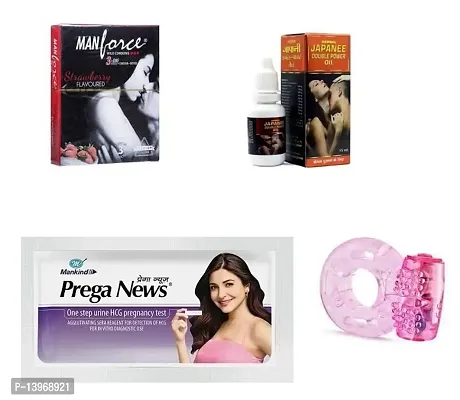 15 ml japanee oil  + 1 pcs vibrating ring + pregs news kit +3 pcs manforce strawberry flavour condom