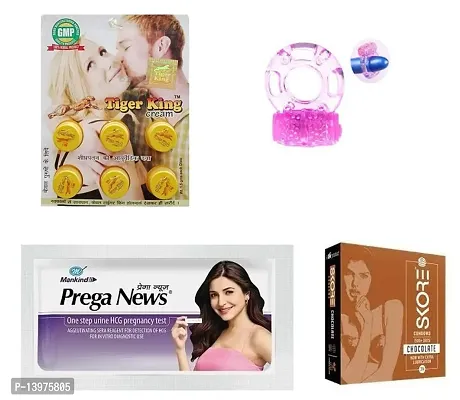 1pcs vibrating ring + pregs news kit  + 3 pcs skore chocolate flavour condom +6 pcs  tigar king cream