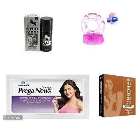 1 pcs vibrating ring + prega news kit  + 3 pcs skore chocolate flavour condom + 1 pcs stud