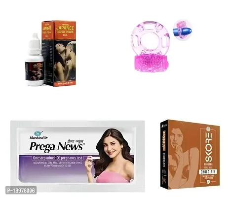 15 ml japanee double pawer oil +1  pcs vibrating ring + 1 pcs prega news kit  + 3 pcs skore chocolate flavour condom