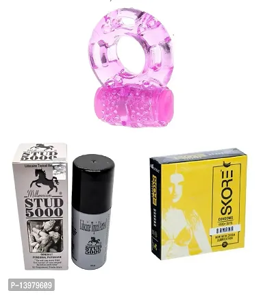 3 pcs skore banana flavour condom + 1 pcs vibrating ring + 1 pcs stud