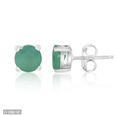 Femme Jam 925 Sterling Silver Studs Earrings, for Women  Girls, Solitaire Natural Green Onyx (Semi-Precious Gemstone), Round Shape