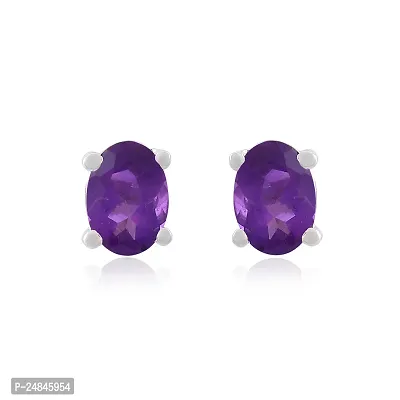 18K White Gold Plated 925 Sterling Silver Natural Amethyst Gemstone Oval Stud Earrings for Women and Girls-thumb0