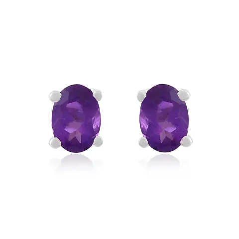 18K Plated 925 Sterling Amethyst Gemstone Oval Stud Earrings for Women and Girls