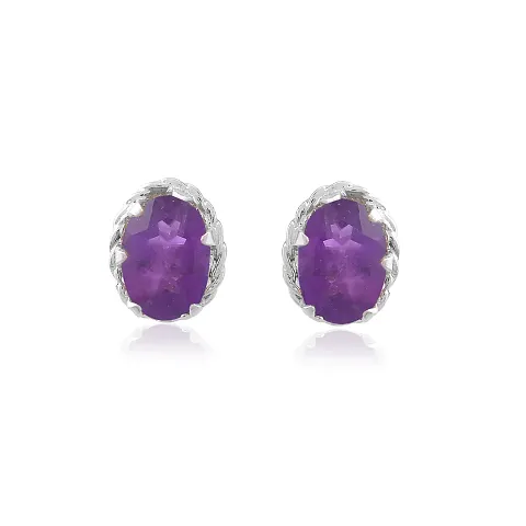 18K Plated 925 Sterling Amethyst Gemstone Designer Oval Stud Earrings for Women and Girls