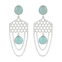 18K White Gold Plated 925 Sterling Silver Natural Blue Chalcedony Designer Dangle Drop Earrings for Women and Girls-thumb1