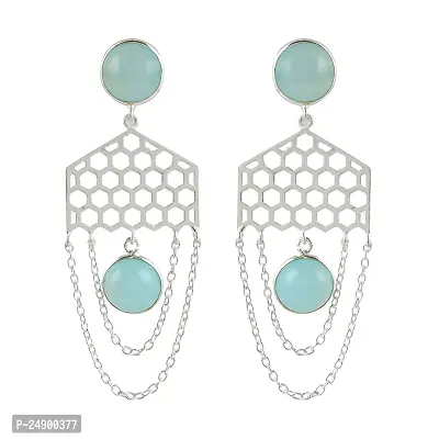 18K White Gold Plated 925 Sterling Silver Natural Blue Chalcedony Designer Dangle Drop Earrings for Women and Girls-thumb2
