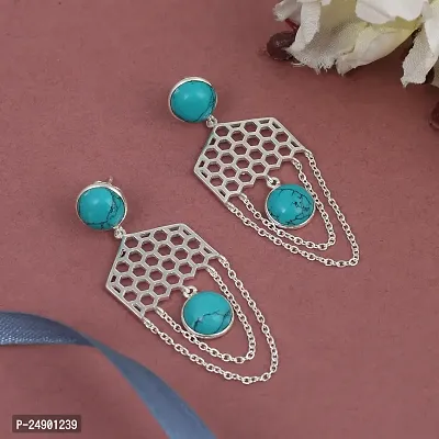 18K White Gold Plated 925 Sterling Silver Natural Turquoise Gemstone Designer Dangle Drop Earrings for Women and Girls