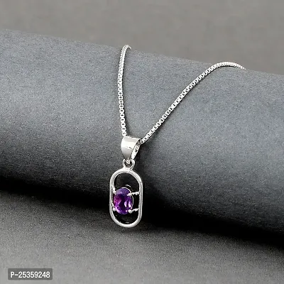 18K White Gold Plated 925 Sterling Silver Pendant Necklace, Solitaire Oval Cut Natural Amethyst Gemstone, Silver Pendant Necklace for Women-thumb0