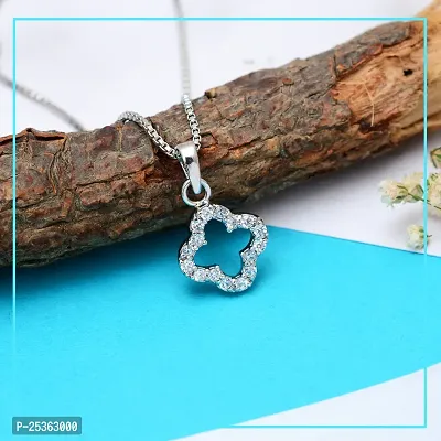 18K White Gold Plated 925 Sterling Silver Pendant Necklace, Round Brilliant Cut Zirconia Crystals, Silver Floral Pendant Necklace for