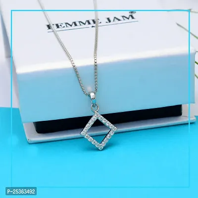 18K White Gold Plated 925 Sterling Silver Pendant Necklace, Round Brilliant Cut Zirconia Crystals, Silver Square Pendant Necklace for Women