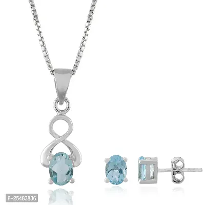 18K White Gold Plated 925 Sterling Silver Natural Blue Topaz Gemstone Pendant Necklace and Earring Set for Women and Girls-thumb0