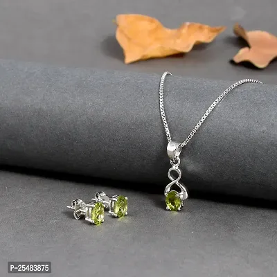 18K White Gold Plated 925 Sterling Silver Natural Peridot Gemstone Pendant Necklace and Earring Set for Women and Girls-thumb0