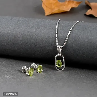 18K White Gold Plated 925 Sterling Silver Natural Peridot Gemstone Pendant Necklace and Earring Set for Women and Girls