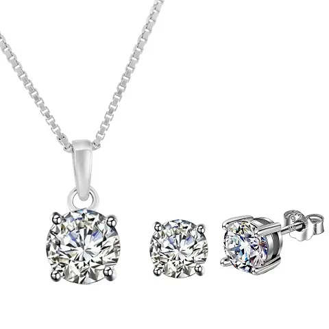 18K Plated 925 Sterling Oval Shape Zirconia Crystals Pendant, Earrings Chain Jewelry Set