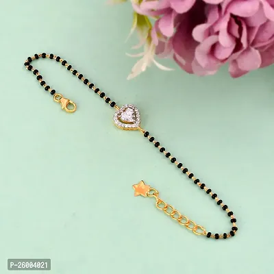 18K Gold Plated 925 Silver Solitaire Heart Cut Zirconia Crystals Gold Plated Black Beads Hand Mangalsutra Bracelet for Women-thumb0