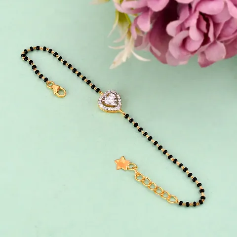18K Gold Plated 925 Silver Solitaire Heart Cut Zirconia Crystals Gold Plated Black Beads Hand Mangalsutra Bracelet for Women